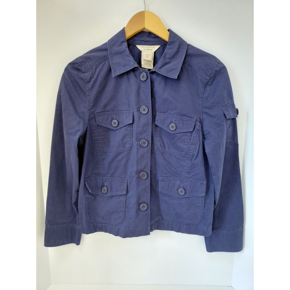 L.L. Bean Womens Blazer Jacket 0 GYT2‎ Blue Medium Petite Cotton Utility Jacket
